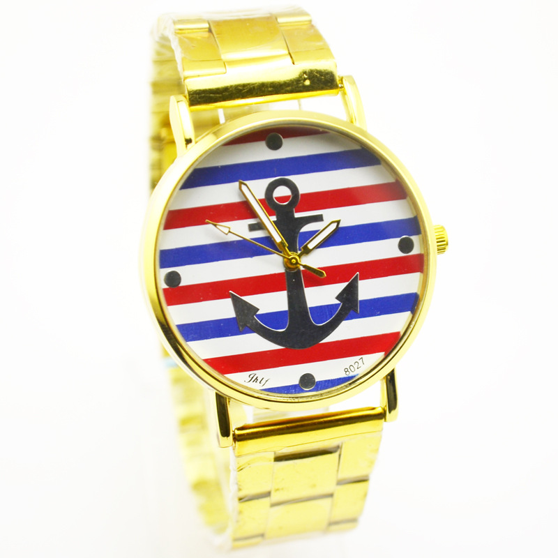 外贸热销韩版时尚条纹船锚手表 中性皮带休闲石英表 手表批发厂家