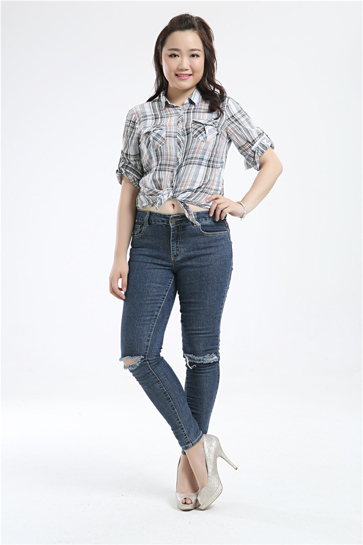 春秋新款胖mm200斤大码牛仔裤显瘦小脚棉弹力破洞牛仔裤女批发