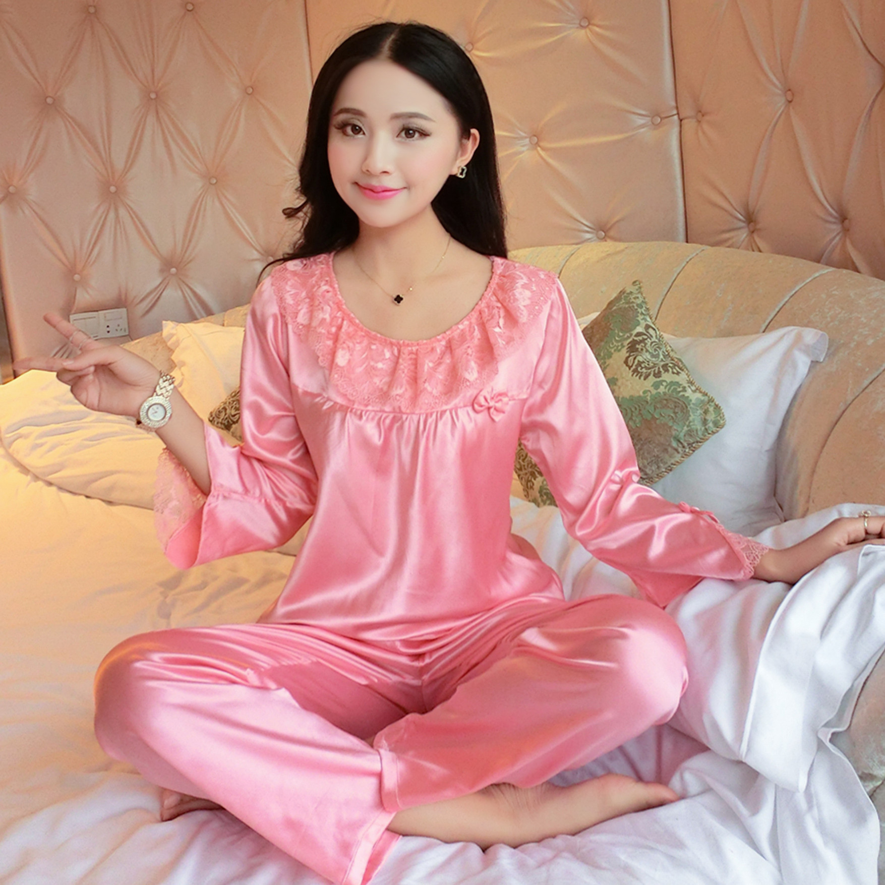 冬季睡衣女士新款仿真丝丝绸睡衣家居服甜美