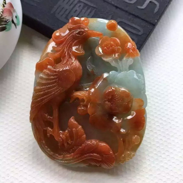 凤戏牡丹翡翠玉 糯冰红翡雕刻吊坠挂件