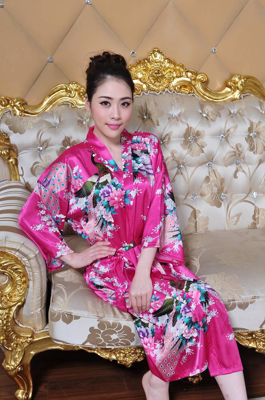 批发孔雀睡袍女士夏季睡衣长款开衫袍仿真丝绸男女浴袍和服袍