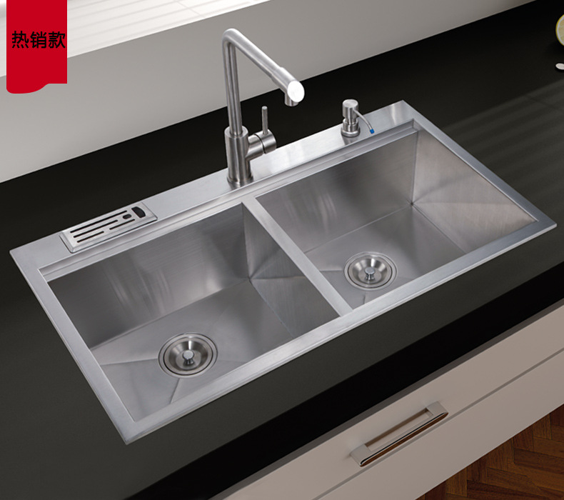 厂家直供美式手工槽304不锈钢水槽直角双盆台上洗菜盆洗碗池1801t