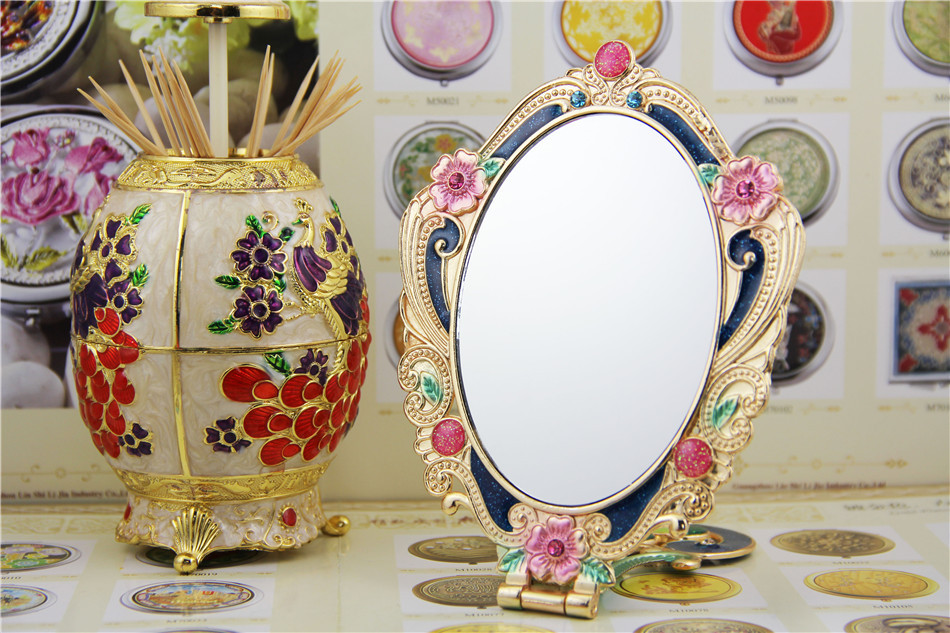 蒙娜丽莎高档礼品创意折叠化妆镜复古宫廷经典 金属彩绘手柄镜