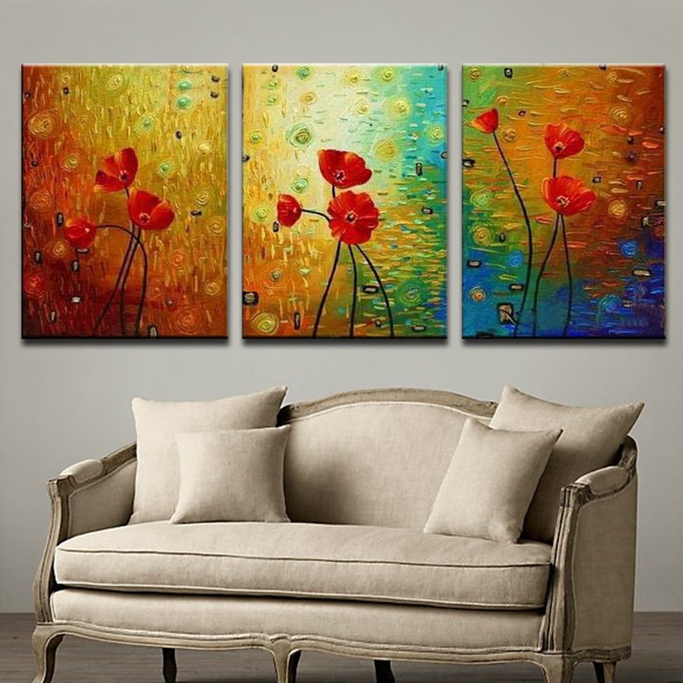 西雅图纯手绘油画 抽象花卉客厅装饰画 客厅无框画 三联套画批发