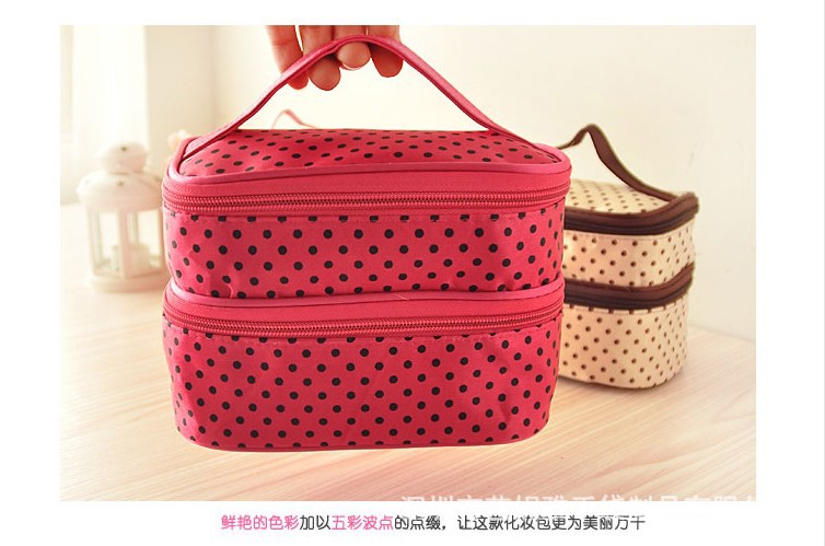 厂家定制圆点大容量手提双层化妆包 出口韩国 多色可选