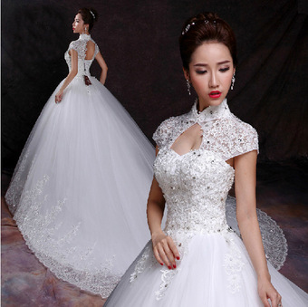 复古挂脖立领蕾丝镶钻婚纱新款2020春夏季拖尾宫廷婚纱礼服显瘦女