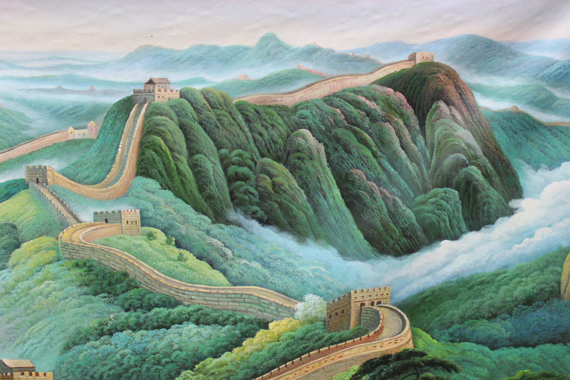 手绘油画定制 中式客厅家居电视背景餐厅风景画长城墙壁挂画