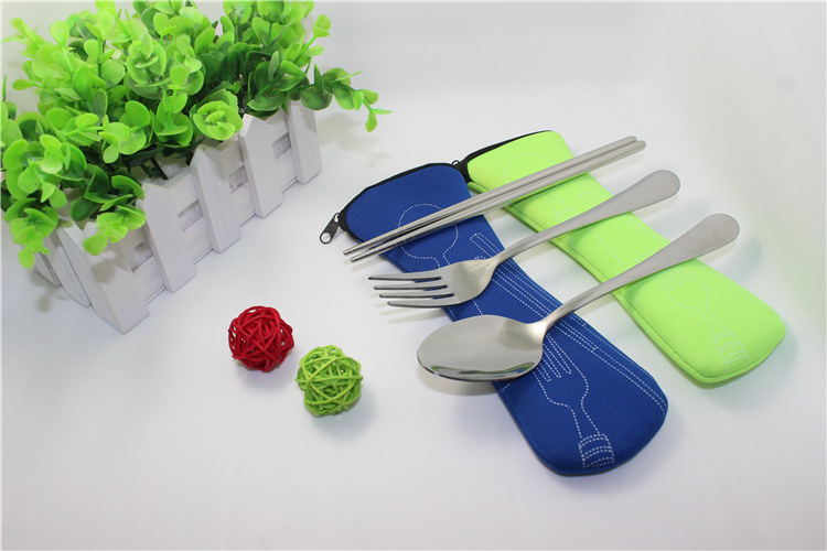 便携布袋餐具三件套不锈钢筷勺叉组合餐具礼品赠品可logo