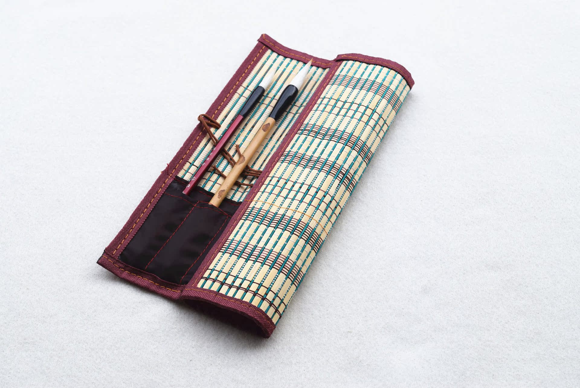 毛笔笔帘 文房四宝套件 带布袋包四边手工制作竹制笔帘