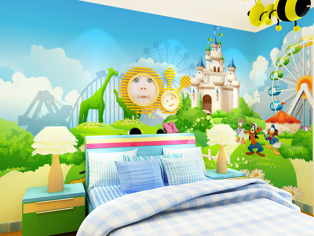 迪士尼米老鼠游乐园壁画卡通儿童房主题背景墙幼儿园无纺布壁纸