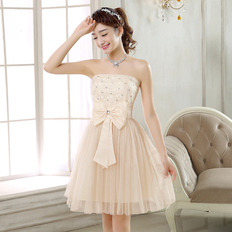 2016春夏季蕾丝婚礼抹胸伴娘服 广州姐妹结婚活动小礼服厂家批发