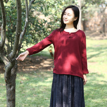 春季纯棉盘扣长袖衬衫圆领衫女中国风复古宽松保暖棉纱上衣