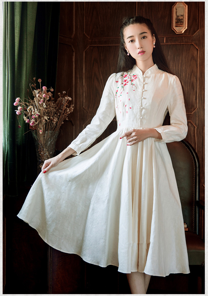 2015春冬新款中国风绣花 民国复古时尚连衣裙 春季优雅女装中长裙