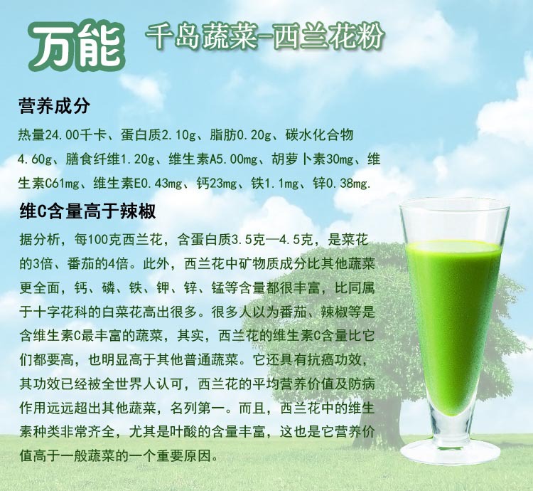 西兰花中蕴含了丰富的营养成分,西兰花总富含丰富的优质蛋白质,易吸收