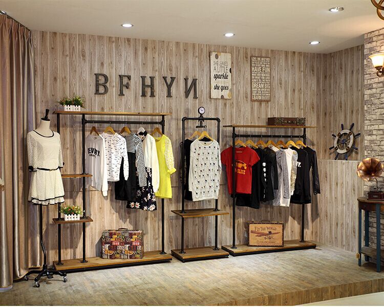 美式复古挂衣架 铁艺仿古水管实木服装货架服装店挂衣展示架批发