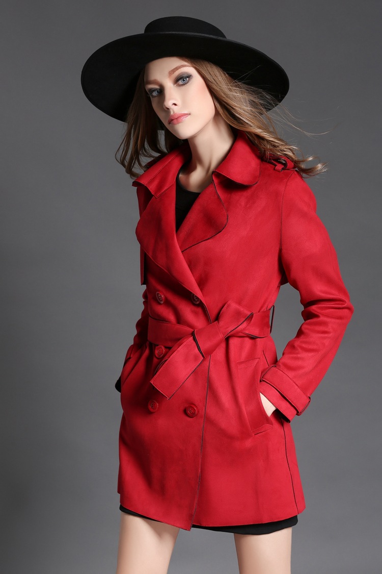 欧美风大牌新款 时尚中长款女士绑带翻领麂-女式风衣,大衣