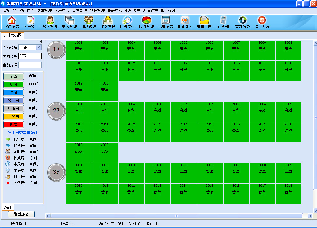 部份界面包含了如下几个部分:预订管理,接待管理,收银管理,客房中心