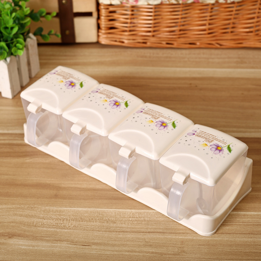 827四组透明厨房调味盒 三格四格塑料调料盒套装 调料罐/瓶带勺子