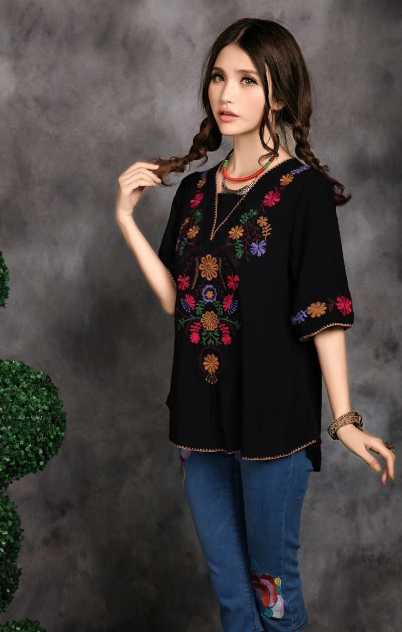 春装新款2016民族风女装批发 五分袖宽松型刺绣绣花棉麻女士衬衫