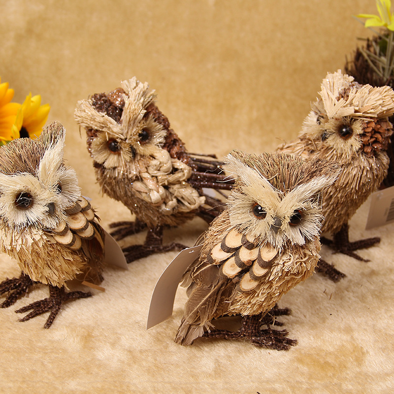 手工草编工艺品 圣诞节摆件 3号歪头站猫头鹰g1020s批发