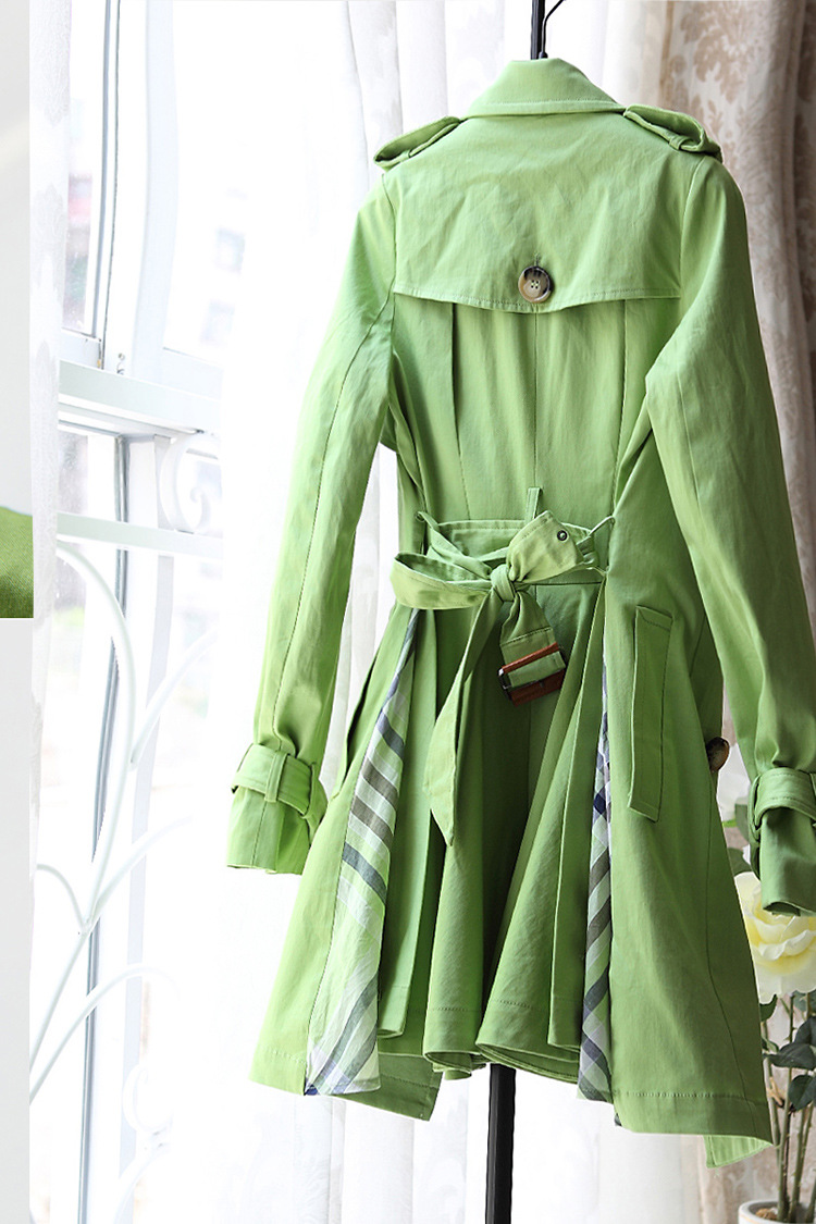 欧美春秋新款明星同款女装绿色修身配腰带长款风衣批发6890