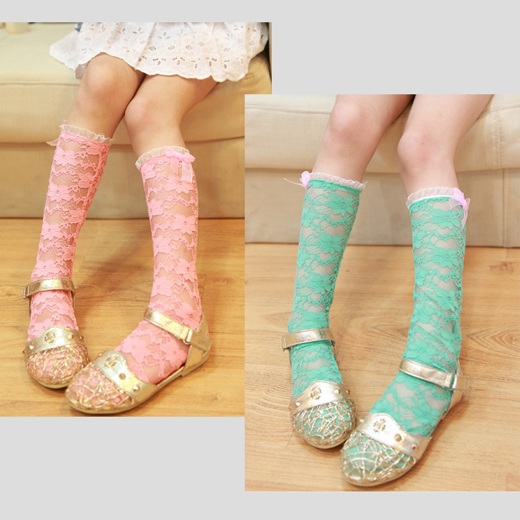 夏季新款韩韩女童中筒袜蝴蝶结蕾丝网眼袜套儿童过膝袜 特价批发