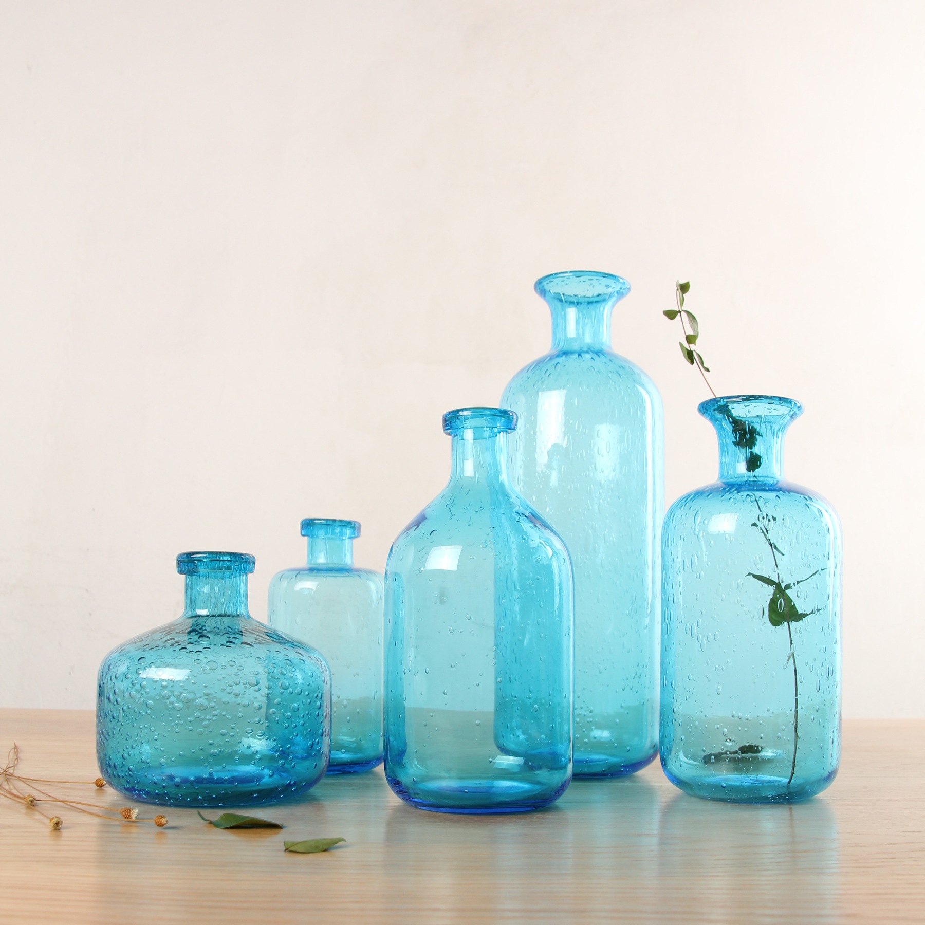 37度生活 海洋蓝气泡玻璃花瓶 手工吹制花器 简约北欧家居摆件