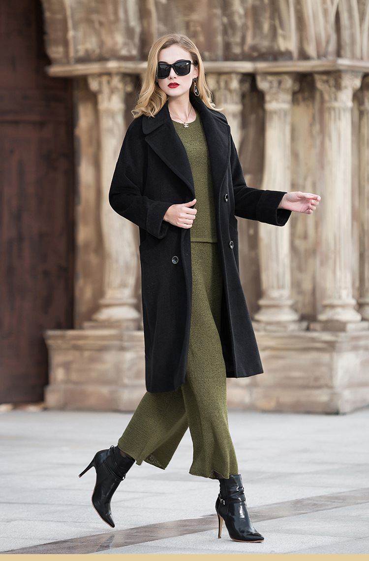 毛呢大衣女秋冬装新款欧美纯色长款翻领毛呢外套宽松型厂家直销