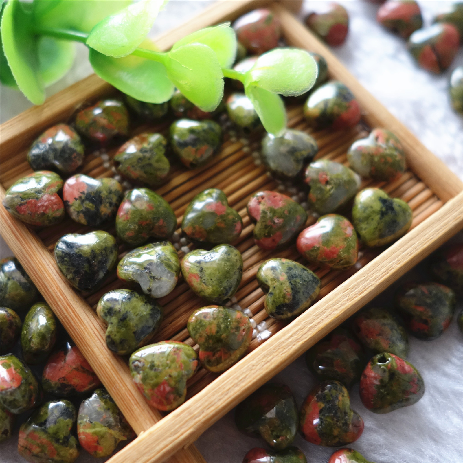 巴西天然花绿石心形桃心双卜diy饰品配件10mm