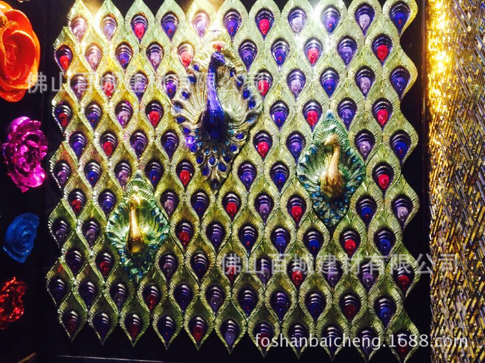 中式酒店前台彩绘孔雀背景墙酒吧ktv墙贴立体孔雀开屏墙贴壁纸