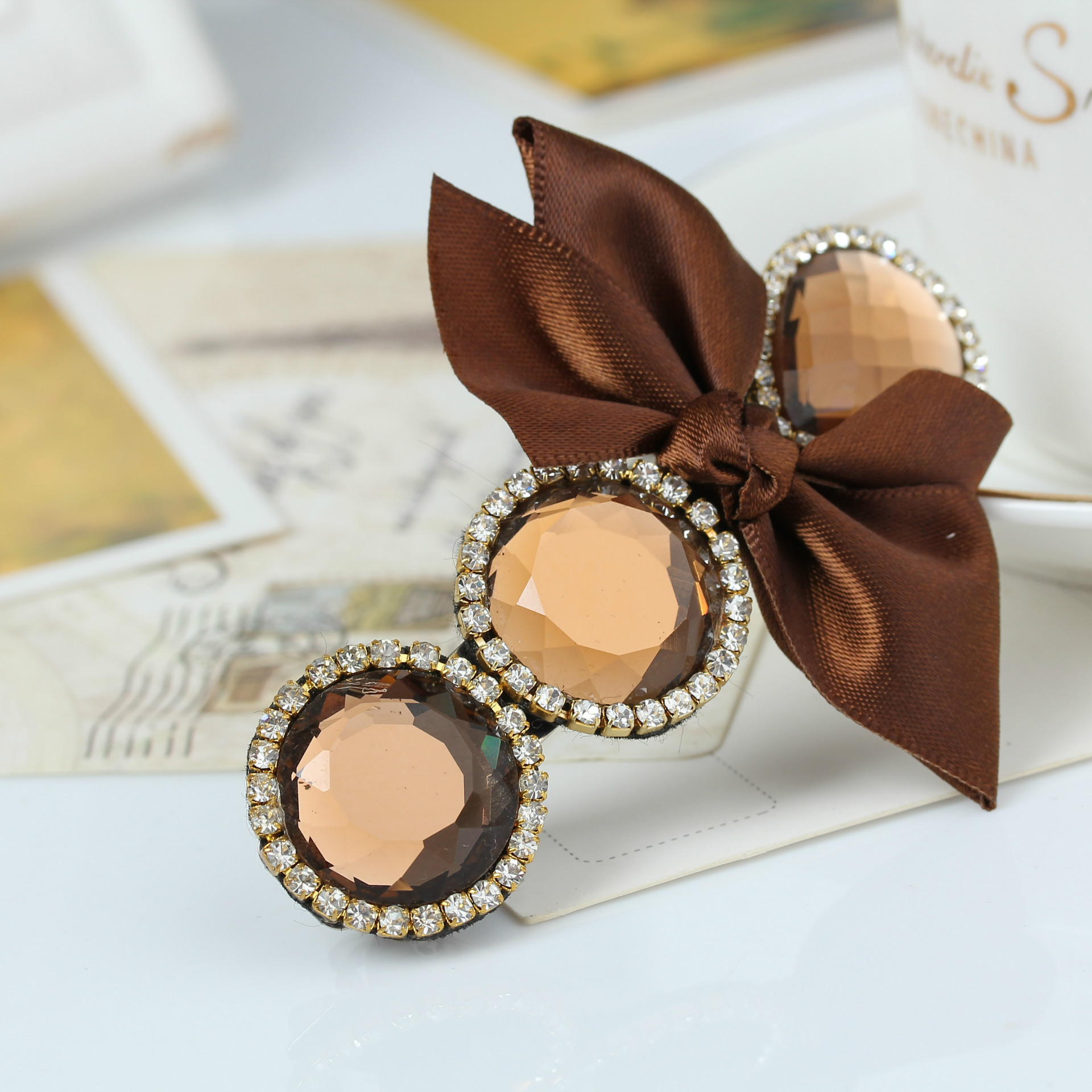 韩版新款高档水钻蝴蝶结发夹时尚布艺高档韩国超闪水晶发夹