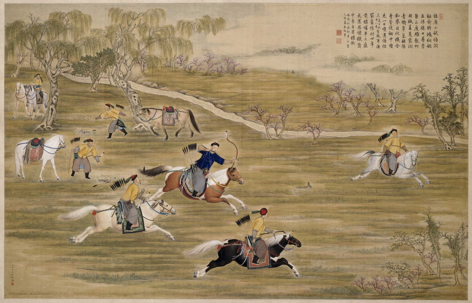 国画人物画古玩字画书画作品珂罗版 郎世宁 乾隆皇帝射猎图赠装裱