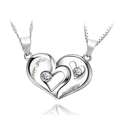 情人节s925纯银情侣项链心形 学生男女心心相印一对刻字爱情吊坠