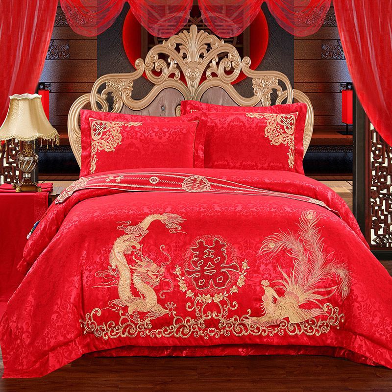 婚庆四件套大红色结婚床上用品纯棉被子床品多件套结婚龙凤刺绣