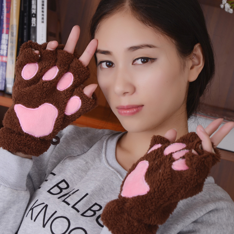 Winter Cute Cartoon Cat Girl Open Finger Cat's Paw Warm Gloves Thickened Fluff Hand-Shaped Brush Half Finger Gloves