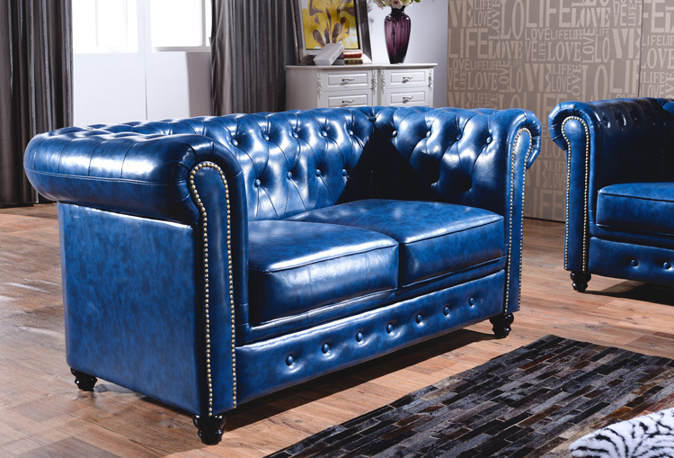 美式深蓝色皮艺沙发北欧真皮沙发拉扣客厅沙发ktv酒店复古沙发