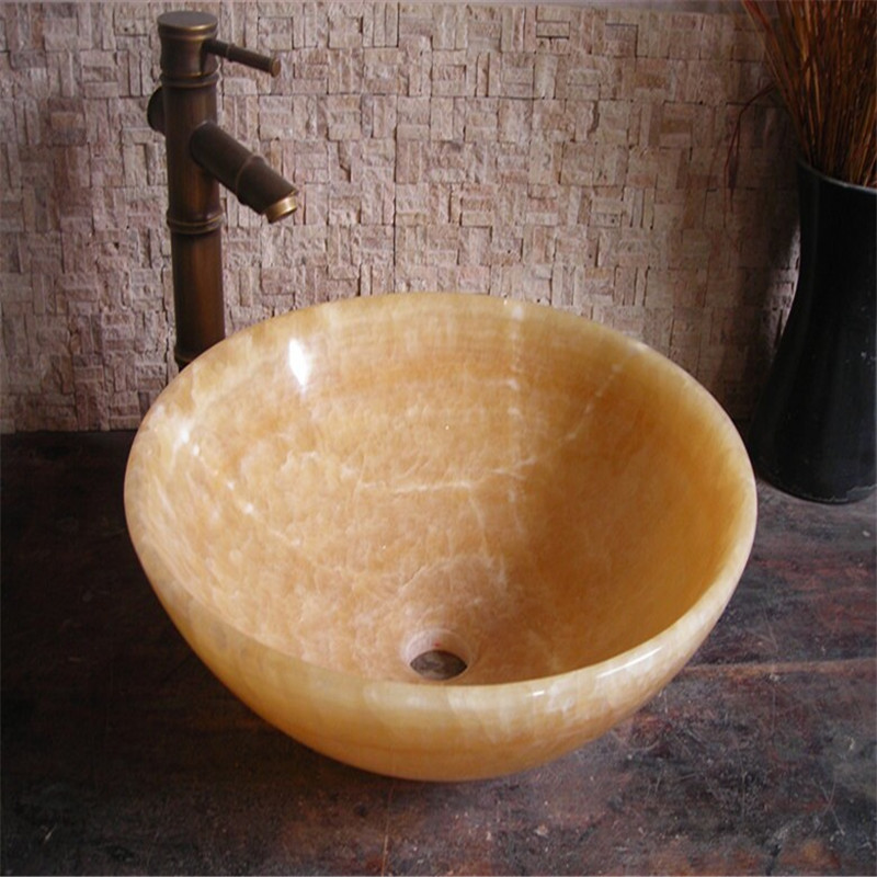 厂家定做天然米黄玉大理石洗手盆松香玉石台面盆米黄玉水池