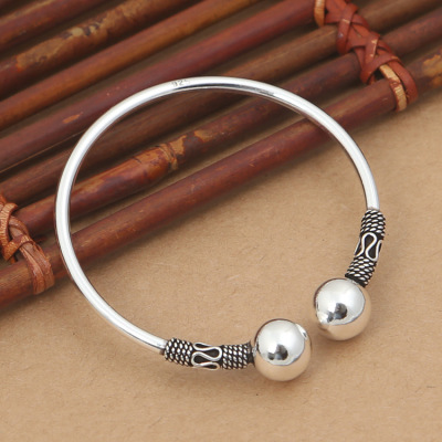 厂家批发s925纯银时尚饰品 泰国手工银光身银球s纹女款简约手镯