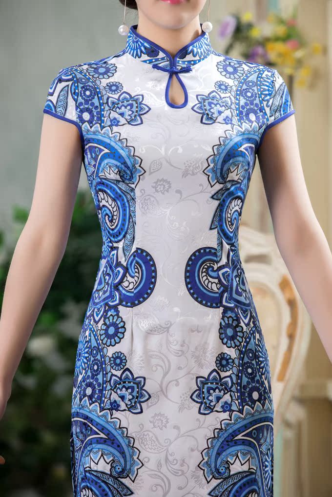 2015春季新款水滴领对称蓝白提花棉传统-旗袍,唐装