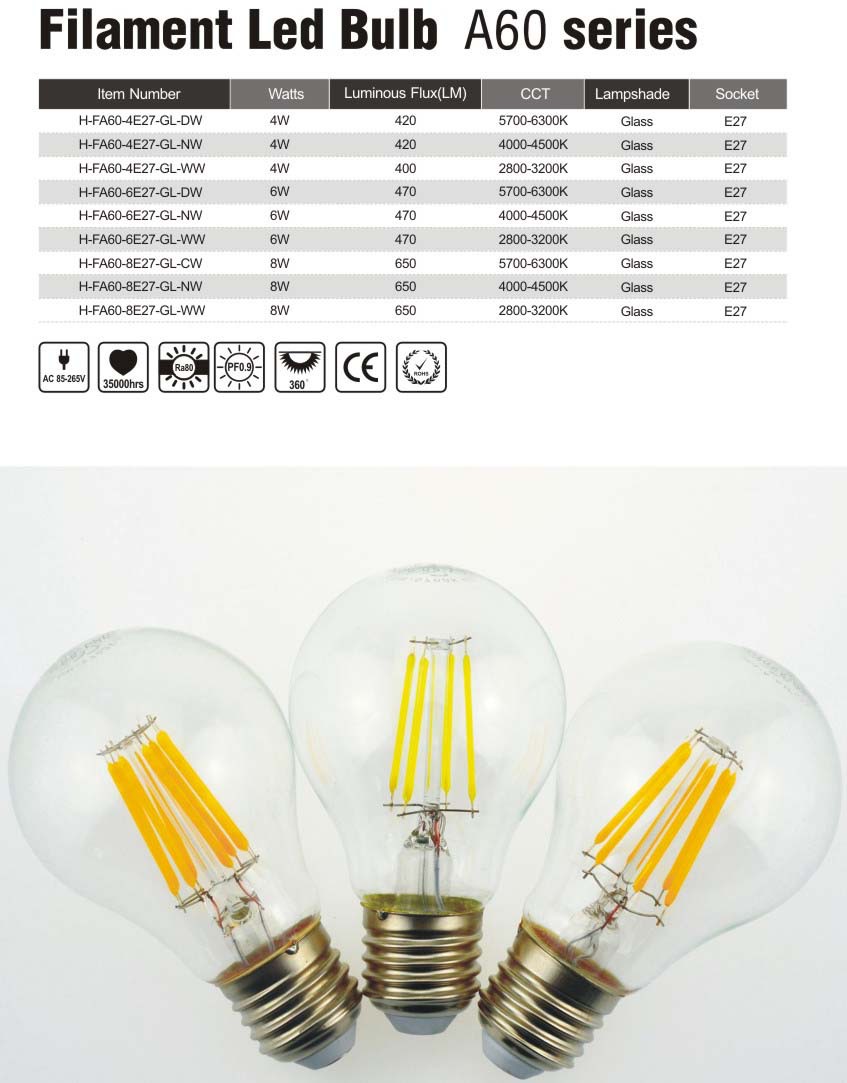 厂家直销led灯丝球泡灯高亮节能e27螺口a60灯泡4w/6w/8w各种规格