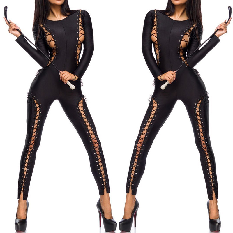 速卖通新款欧美性感长袖俱乐部连身裤系带性感夜店女装连体裤