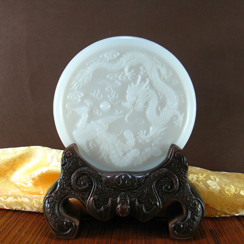 龙凤呈祥白玉圆盘 天然阿富汗玉 婚庆贺喜礼品 龙飞凤舞玉石摆件