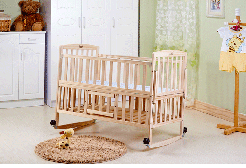 进口松木婴儿床 实木无漆婴儿摇篮 滚轮便携式婴儿摇床
