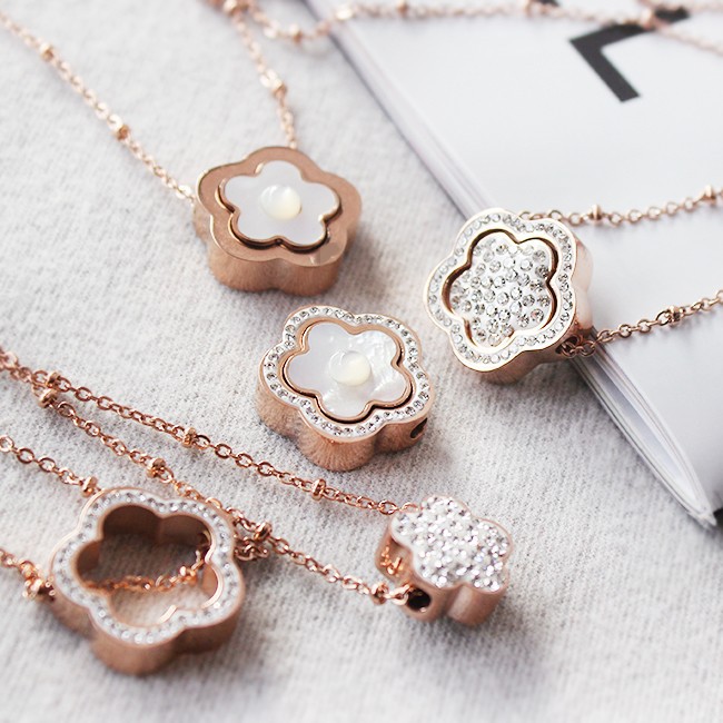 欧美风格 钢镀金软陶泥工艺镶嵌水晶钻 花朵贝壳 项链