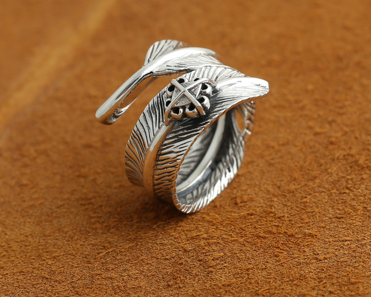 开口戒指_批发s925纯银泰银饰品复古个性女款羽毛开口