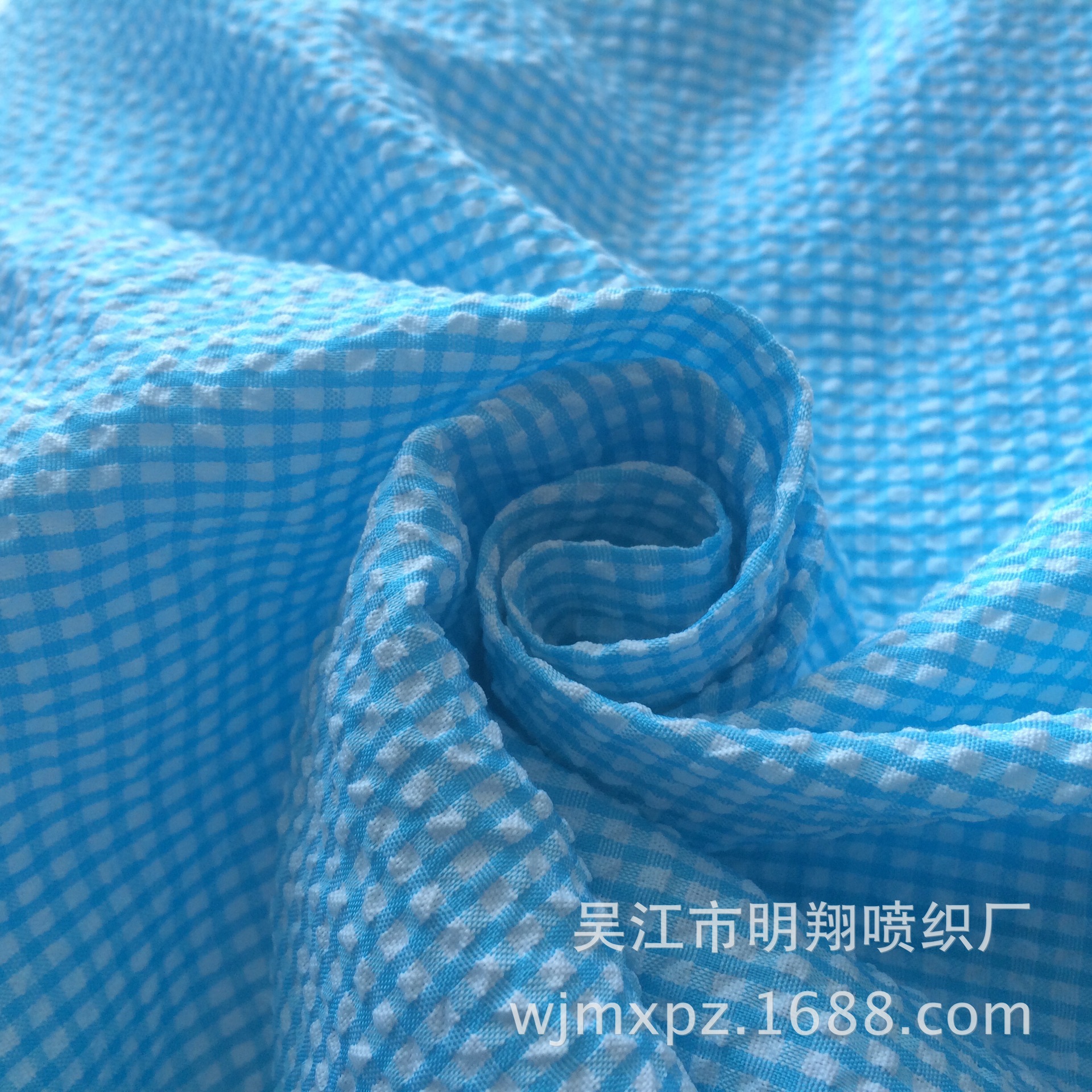 厂家直销 全涤泡泡格纯涤纱 泡泡纱 起皱格子 童装面料