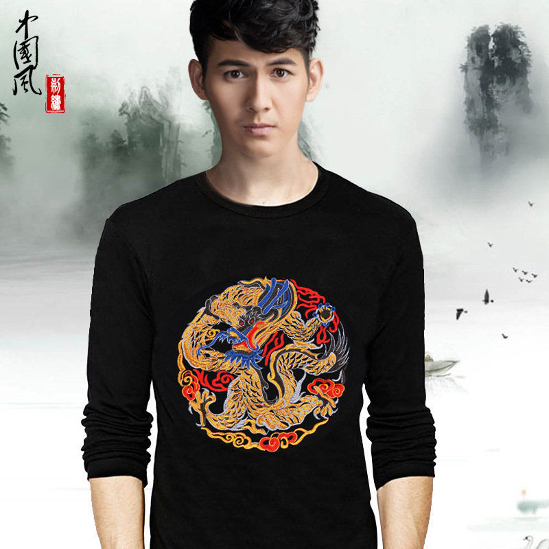 2016秋新款中国风刺青长袖t恤刺绣团龙文玩龙袍霸气大码伙男装拼
