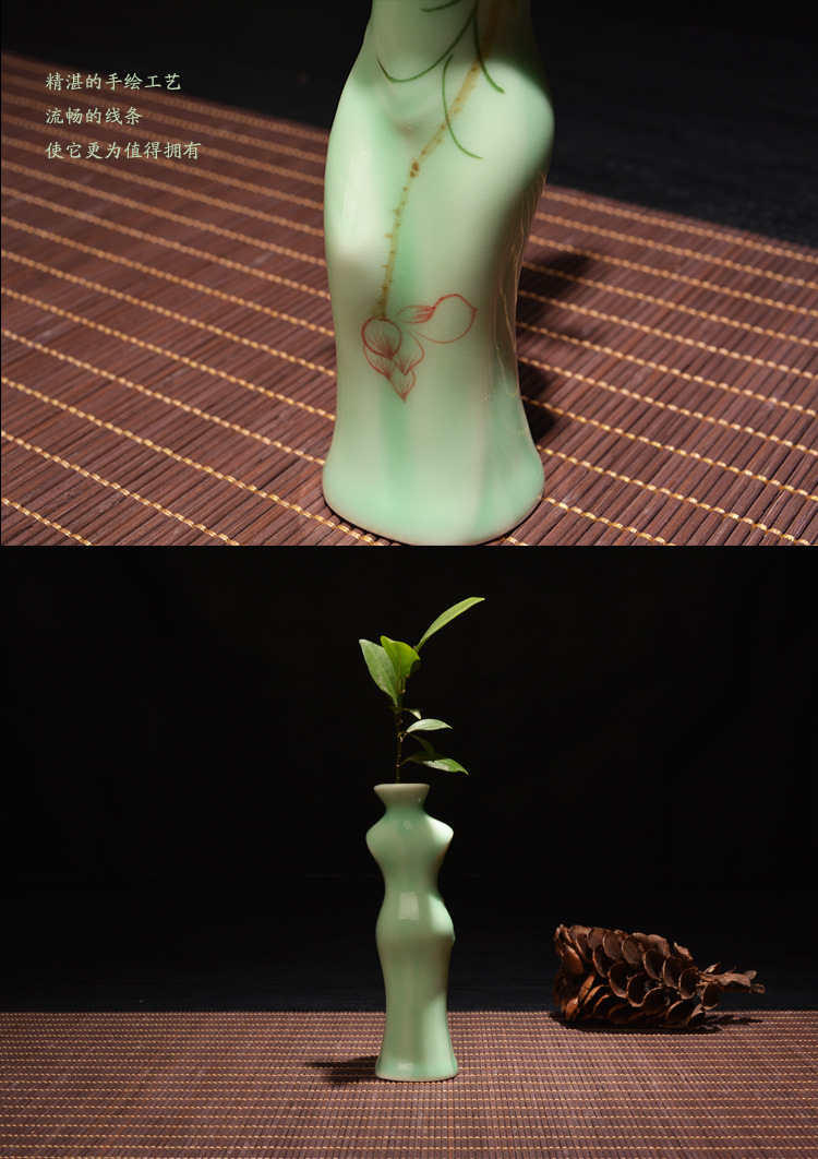 龙泉青瓷手绘陶瓷小花瓶 创意民族风唐装旗袍花器 花道插花水.