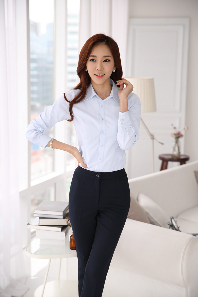 含棉女衬衫长袖2018春秋新款韩版修身白领销售办公室工作服女衬衣