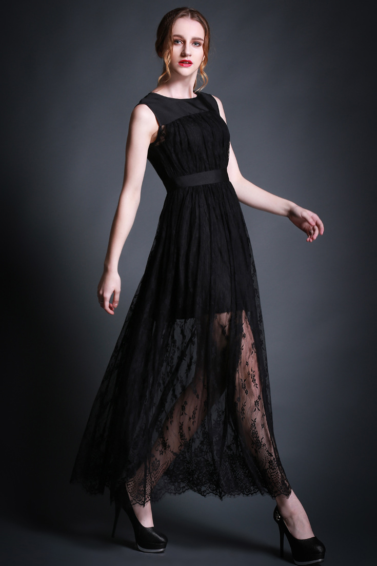 2015春夏季新款欧美时尚女装 蕾丝镂空小透视收腰无袖长款连衣裙